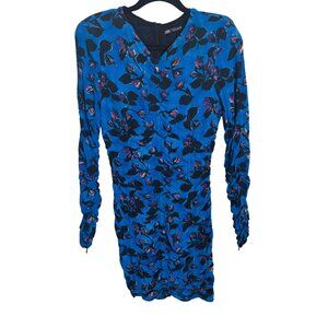 Zara Small Floral Ruched Mini Dress Long Sleeves With Zipper Blue/Black/Purple